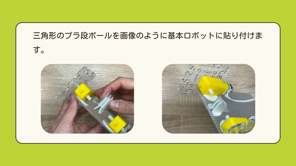 三角形のプラ段ボールを画像のように基本ロボットに貼り付けます。