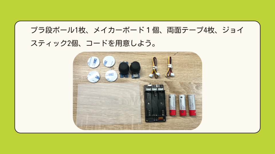 プラ段ボール1枚、メイカーボード１個、両面テープ4枚、ジョイスティック２個、コードを用意しよう。